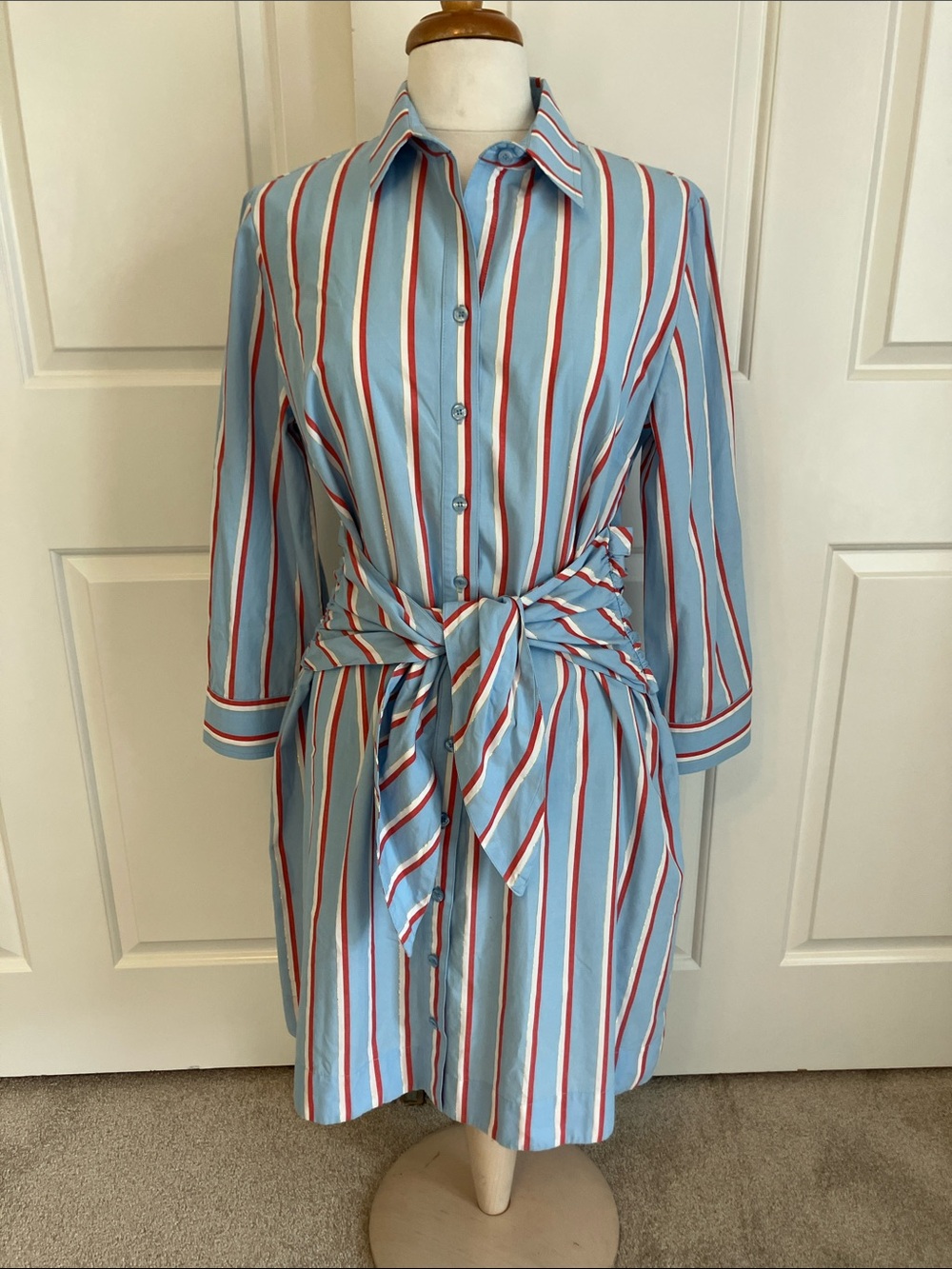 Finley Striped Tie-Waist Shirt Dress in Sky Blue, Red, and White